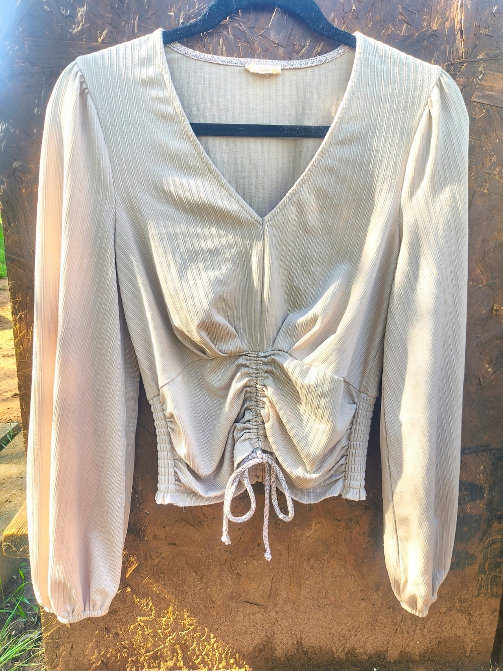 Hem & Thread Cream Ruched V-Neck Long Sleeve Blouse